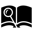 Black and white icon of a book with magnifying glass on top of it