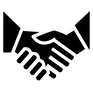 Black and white icon of two hands in a handshake