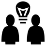 Black and white icon of two people and a lightbulb between them